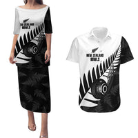 New Zealand Lawn Bowls Custom Couples Matching Puletasi and Hawaiian Shirt Aotearoa Silver Fern LT14 Black - Polynesian Pride