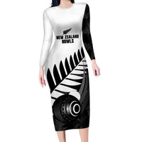 New Zealand Lawn Bowls Custom Long Sleeve Bodycon Dress Aotearoa Silver Fern LT14 Long Dress Black - Polynesian Pride