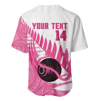 New Zealand Lawn Bowls Breast Cancer Custom Baseball Jersey Aotearoa Maori Silver Fern Pink Ribbon LT14 - Polynesian Pride