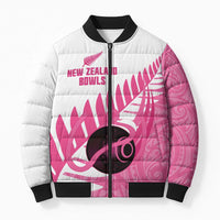 New Zealand Lawn Bowls Breast Cancer Custom Bomber Puffer Jacket Aotearoa Maori Silver Fern Pink Ribbon LT14 Unisex Pink - Polynesian Pride