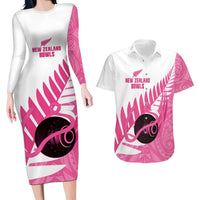 New Zealand Lawn Bowls Breast Cancer Custom Couples Matching Long Sleeve Bodycon Dress and Hawaiian Shirt Aotearoa Maori Silver Fern Pink Ribbon LT14 Pink - Polynesian Pride