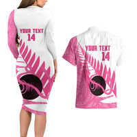 New Zealand Lawn Bowls Breast Cancer Custom Couples Matching Long Sleeve Bodycon Dress and Hawaiian Shirt Aotearoa Maori Silver Fern Pink Ribbon LT14 - Polynesian Pride