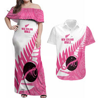 New Zealand Lawn Bowls Breast Cancer Custom Couples Matching Off Shoulder Maxi Dress and Hawaiian Shirt Aotearoa Maori Silver Fern Pink Ribbon LT14 Pink - Polynesian Pride