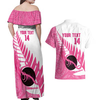 New Zealand Lawn Bowls Breast Cancer Custom Couples Matching Off Shoulder Maxi Dress and Hawaiian Shirt Aotearoa Maori Silver Fern Pink Ribbon LT14 - Polynesian Pride