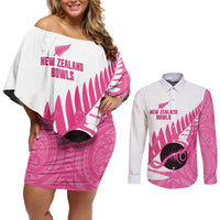 New Zealand Lawn Bowls Breast Cancer Custom Couples Matching Off Shoulder Short Dress and Long Sleeve Button Shirt Aotearoa Maori Silver Fern Pink Ribbon LT14 Pink - Polynesian Pride
