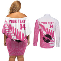 New Zealand Lawn Bowls Breast Cancer Custom Couples Matching Off Shoulder Short Dress and Long Sleeve Button Shirt Aotearoa Maori Silver Fern Pink Ribbon LT14 - Polynesian Pride