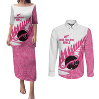 New Zealand Lawn Bowls Breast Cancer Custom Couples Matching Puletasi and Long Sleeve Button Shirt Aotearoa Maori Silver Fern Pink Ribbon LT14 Pink - Polynesian Pride