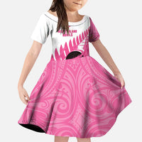 New Zealand Lawn Bowls Breast Cancer Custom Family Matching Off The Shoulder Long Sleeve Dress and Hawaiian Shirt Aotearoa Maori Silver Fern Pink Ribbon LT14 Daughter's Dress Pink - Polynesian Pride