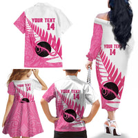 New Zealand Lawn Bowls Breast Cancer Custom Family Matching Off The Shoulder Long Sleeve Dress and Hawaiian Shirt Aotearoa Maori Silver Fern Pink Ribbon LT14 - Polynesian Pride