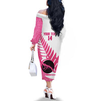 New Zealand Lawn Bowls Breast Cancer Custom Family Matching Off The Shoulder Long Sleeve Dress and Hawaiian Shirt Aotearoa Maori Silver Fern Pink Ribbon LT14 - Polynesian Pride