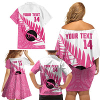New Zealand Lawn Bowls Breast Cancer Custom Family Matching Off Shoulder Short Dress and Hawaiian Shirt Aotearoa Maori Silver Fern Pink Ribbon LT14 - Polynesian Pride