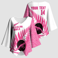 New Zealand Lawn Bowls Breast Cancer Custom Kimono Sleeve Blouse Aotearoa Maori Silver Fern Pink Ribbon LT14 - Polynesian Pride