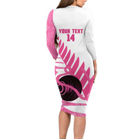 New Zealand Lawn Bowls Breast Cancer Custom Long Sleeve Bodycon Dress Aotearoa Maori Silver Fern Pink Ribbon LT14 - Polynesian Pride