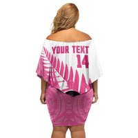 New Zealand Lawn Bowls Breast Cancer Custom Off Shoulder Short Dress Aotearoa Maori Silver Fern Pink Ribbon LT14 - Polynesian Pride