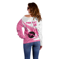New Zealand Lawn Bowls Breast Cancer Custom Off Shoulder Sweater Aotearoa Maori Silver Fern Pink Ribbon LT14 - Polynesian Pride
