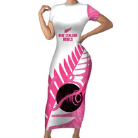 New Zealand Lawn Bowls Breast Cancer Custom Short Sleeve Bodycon Dress Aotearoa Maori Silver Fern Pink Ribbon LT14 Long Dress Pink - Polynesian Pride