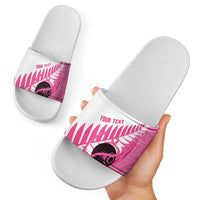 New Zealand Lawn Bowls Breast Cancer Custom Slide Sandals Aotearoa Maori Silver Fern Pink Ribbon LT14 - Polynesian Pride