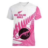 New Zealand Lawn Bowls Breast Cancer Custom Women V-Neck T-Shirt Aotearoa Maori Silver Fern Pink Ribbon LT14 Female Pink - Polynesian Pride