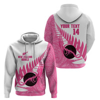 New Zealand Lawn Bowls Breast Cancer Custom Zip Hoodie Aotearoa Maori Silver Fern Pink Ribbon LT14 - Polynesian Pride