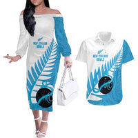New Zealand Lawn Bowls Prostate Cancer Custom Couples Matching Off The Shoulder Long Sleeve Dress and Hawaiian Shirt Aotearoa Maori Silver Fern Blue Ribbon LT14 Blue - Polynesian Pride