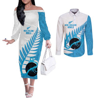 New Zealand Lawn Bowls Prostate Cancer Custom Couples Matching Off The Shoulder Long Sleeve Dress and Long Sleeve Button Shirt Aotearoa Maori Silver Fern Blue Ribbon LT14 Blue - Polynesian Pride