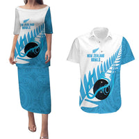 New Zealand Lawn Bowls Prostate Cancer Custom Couples Matching Puletasi and Hawaiian Shirt Aotearoa Maori Silver Fern Blue Ribbon LT14 Blue - Polynesian Pride