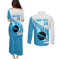 New Zealand Lawn Bowls Prostate Cancer Custom Couples Matching Puletasi and Long Sleeve Button Shirt Aotearoa Maori Silver Fern Blue Ribbon LT14 - Polynesian Pride