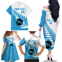 New Zealand Lawn Bowls Prostate Cancer Custom Family Matching Off The Shoulder Long Sleeve Dress and Hawaiian Shirt Aotearoa Maori Silver Fern Blue Ribbon LT14 - Polynesian Pride