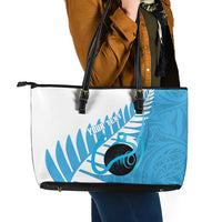 New Zealand Lawn Bowls Prostate Cancer Custom Leather Tote Bag Aotearoa Maori Silver Fern Blue Ribbon LT14 - Polynesian Pride