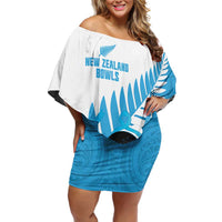 New Zealand Lawn Bowls Prostate Cancer Custom Off Shoulder Short Dress Aotearoa Maori Silver Fern Blue Ribbon LT14 Women Blue - Polynesian Pride
