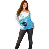 New Zealand Lawn Bowls Prostate Cancer Custom Off Shoulder Sweater Aotearoa Maori Silver Fern Blue Ribbon LT14 - Polynesian Pride