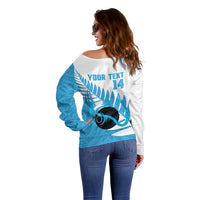 New Zealand Lawn Bowls Prostate Cancer Custom Off Shoulder Sweater Aotearoa Maori Silver Fern Blue Ribbon LT14 - Polynesian Pride