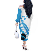 New Zealand Lawn Bowls Prostate Cancer Custom Off The Shoulder Long Sleeve Dress Aotearoa Maori Silver Fern Blue Ribbon LT14 - Polynesian Pride
