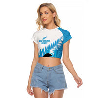 New Zealand Lawn Bowls Prostate Cancer Custom Raglan Cropped T Shirt Aotearoa Maori Silver Fern Blue Ribbon LT14 Female Blue - Polynesian Pride