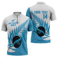 New Zealand Lawn Bowls Prostate Cancer Custom Zipper Polo Shirt Aotearoa Maori Silver Fern Blue Ribbon LT14 - Polynesian Pride