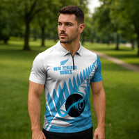 New Zealand Lawn Bowls Prostate Cancer Custom Zipper Polo Shirt Aotearoa Maori Silver Fern Blue Ribbon LT14 - Polynesian Pride