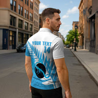 New Zealand Lawn Bowls Prostate Cancer Custom Zipper Polo Shirt Aotearoa Maori Silver Fern Blue Ribbon - Polynesian Pride