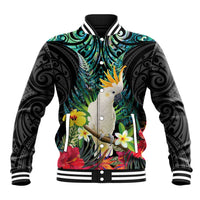 Sulphur-crested Cockatoo New Zealand Baseball Jacket Paua Shell Aotearoa Maori Tropical Flowers LT14 Unisex Black - Polynesian Pride