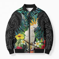 Sulphur-crested Cockatoo New Zealand Bomber Puffer Jacket Paua Shell Aotearoa Maori Tropical Flowers LT14 Unisex Black - Polynesian Pride