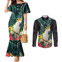 Sulphur-crested Cockatoo New Zealand Couples Matching Mermaid Dress and Long Sleeve Button Shirt Paua Shell Aotearoa Maori Tropical Flowers LT14 Black - Polynesian Pride