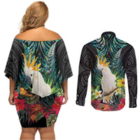 Sulphur-crested Cockatoo New Zealand Couples Matching Off Shoulder Short Dress and Long Sleeve Button Shirt Paua Shell Aotearoa Maori Tropical Flowers LT14 - Polynesian Pride