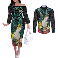 Sulphur-crested Cockatoo New Zealand Couples Matching Off The Shoulder Long Sleeve Dress and Long Sleeve Button Shirt Paua Shell Aotearoa Maori Tropical Flowers LT14 Black - Polynesian Pride
