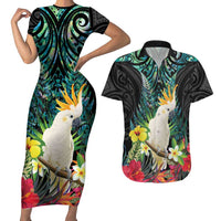 Sulphur-crested Cockatoo New Zealand Couples Matching Short Sleeve Bodycon Dress and Hawaiian Shirt Paua Shell Aotearoa Maori Tropical Flowers LT14 Black - Polynesian Pride