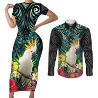 Sulphur-crested Cockatoo New Zealand Couples Matching Short Sleeve Bodycon Dress and Long Sleeve Button Shirt Paua Shell Aotearoa Maori Tropical Flowers LT14 Black - Polynesian Pride