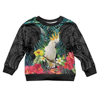 Sulphur-crested Cockatoo New Zealand Kid Ugly Christmas Sweater Paua Shell Aotearoa Maori Tropical Flowers LT14 Kid Black - Polynesian Pride