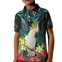 Sulphur-crested Cockatoo New Zealand Kid Polo Shirt Paua Shell Aotearoa Maori Tropical Flowers LT14 Kid Black - Polynesian Pride