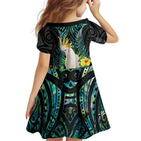 Sulphur-crested Cockatoo New Zealand Kid Short Sleeve Dress Paua Shell Aotearoa Maori Tropical Flowers LT14 - Polynesian Pride