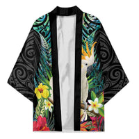 Sulphur-crested Cockatoo New Zealand Kimono Paua Shell Aotearoa Maori Tropical Flowers LT14 Unisex Black - Polynesian Pride
