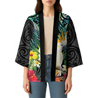 Sulphur-crested Cockatoo New Zealand Kimono Paua Shell Aotearoa Maori Tropical Flowers LT14 - Polynesian Pride