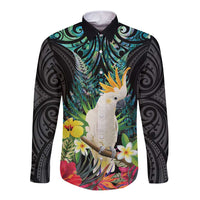 Sulphur-crested Cockatoo New Zealand Long Sleeve Button Shirt Paua Shell Aotearoa Maori Tropical Flowers LT14 Unisex Black - Polynesian Pride